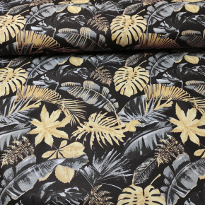 Tissu en coton au mètre, 125 g/m², largeur 160 cm, imprimé à feuilles sur fond noir Tissu en coton au mètre, 125 g/m², largeur 160 cm, imprimé à feuilles sur fond noir