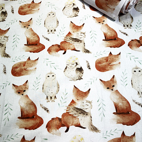 Tissu coton au métre imprimé Ecureuil et Hibou couleur blanche