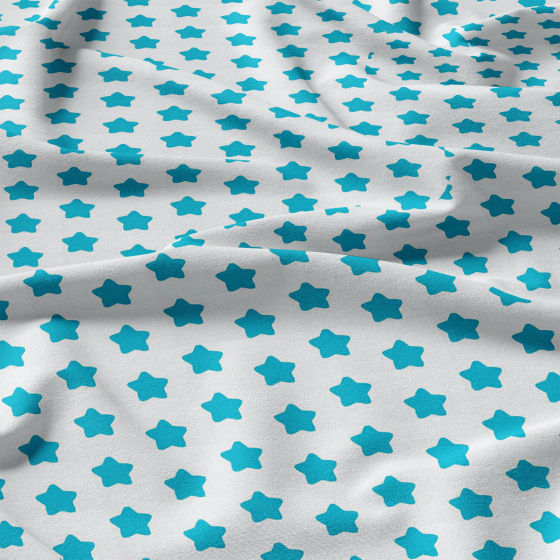 Tissu coton au mètre, 125 g/m², largeur 160 cm, imprimé Pentagones turquoise et blanche