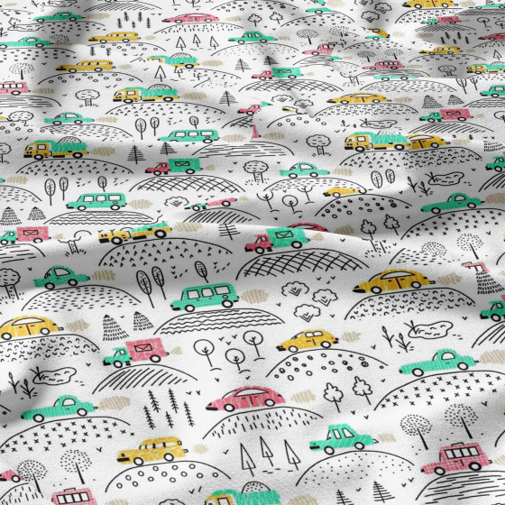 Tissu coton au métre imprimé Voitures menthol modern