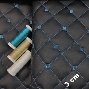 Ekokůže MIX 3x3 cm barva Černá prošívaná Tyrkysovými nitěmi 1,3 m x 0,55 m