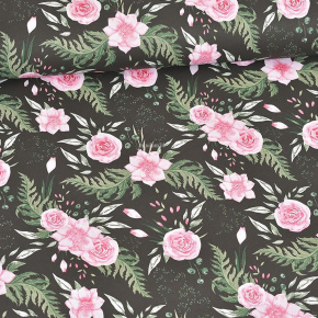 Tissu en coton au mètre, 125 g/m², largeur 160 cm, imprimé à jardin noir