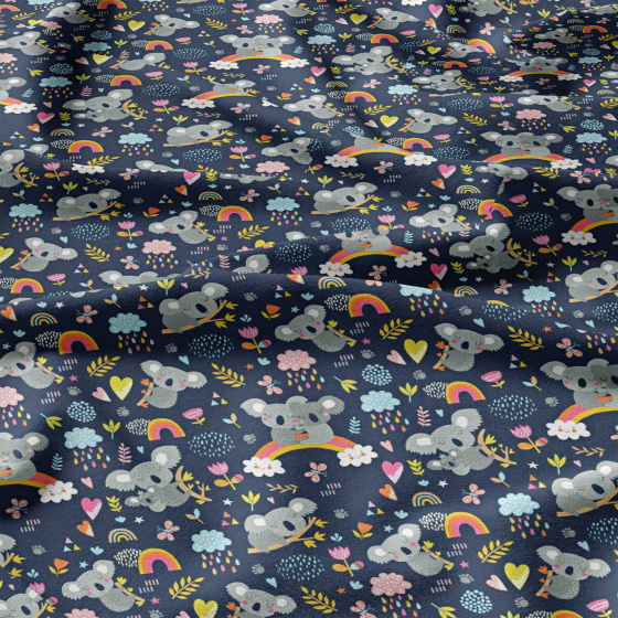 Tissu coton au métre imprimé Pandas sur arc-en-ciel couleur Bleu marine