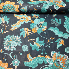 Tissu en coton au mètre, 125 g/m², largeur 160 cm, imprimé à pivoine jaune sur fond vert