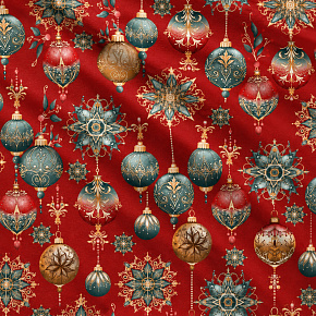 Tissus en coton de Noël au mètre, 160 cm motif Boules de Noël rouge