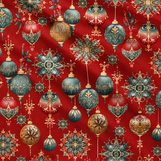 Tissus en coton de Noël au mètre, 160 cm motif Boules de Noël rouge