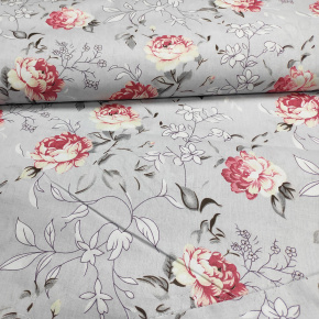 Tissu en coton au mètre, 125 g/m², largeur 160 cm, imprimé à fleurs sur fond gris