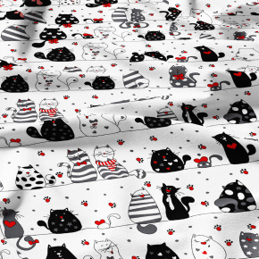 Tissu coton au métre imprimé Crazy Chat couleur blanche 