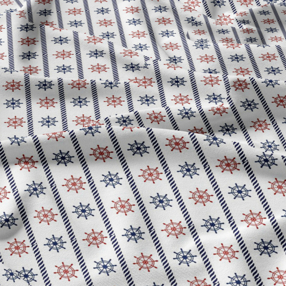 Tissu coton au métre imprimé Volants bleu et rouge sur blanche