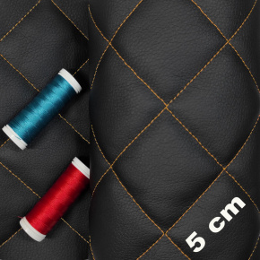 Simili cuir matelassé 5X5 cm, 540 g/m², largeur 145 cm, noir avec fil orange