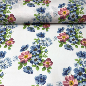 Tissu en coton au mètre, 125 g/m², largeur 160 cm, imprimé à fleurs sur fond blanc