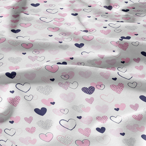 Tissu coton au métre couleur blanche coeurs rose 