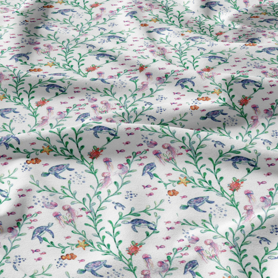 Tissu coton au métre imprimé Monde de l’eau blanche