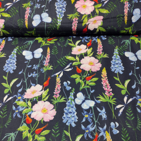 Tissu en coton au mètre, 125 g/m², largeur 160 cm, imprimé à fleurs champ