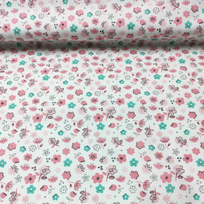 Tissu en coton au mètre, 125 g/m², largeur 160 cm, imprimé à fleurs modern roses sur fond blanc