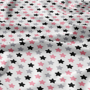 Tissu coton au mètre, 125 g/m², largeur 160 cm, imprimé Pentagones rose et blanche