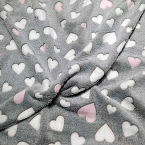 Tissu imitation fourrure d'agneau, 320 g/m², largeur 160 cm, gris au coeurs rose