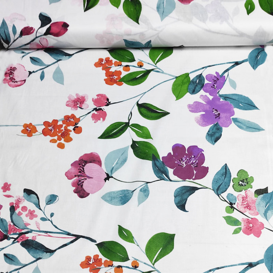 Dekorační dětská bavlněná látka vzor kytičky na bílém