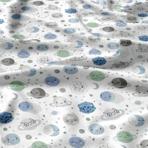 Tissu de coton motif Monde des Planètes bleu sur blanc