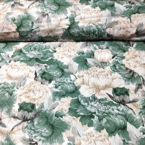 Tissu en coton au mètre, 125 g/m², largeur 160 cm, imprimé à pivoine verte vintage sur fond blanc