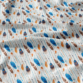 Tissu coton au métre couleur blanche plumes turquoise et jaune