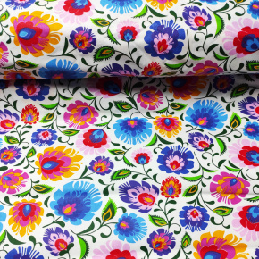 Tissu en coton au mètre, 125 g/m², largeur 160 cm, imprimé à fleurs colorées blanc