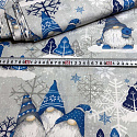 Świąteczna tkanina bawełniana wzór szaro-niebieskie Skrzaty 
