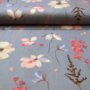 Tissu en coton au mètre, 125 g/m², largeur 160 cm, imprimé à fleurs sur fond gris