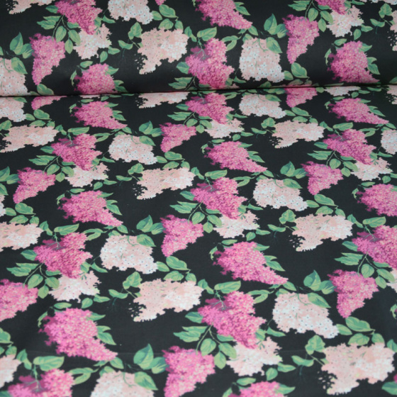 Dekorační dětská bavlněná látka vzor Větve šeříká růžové na černém