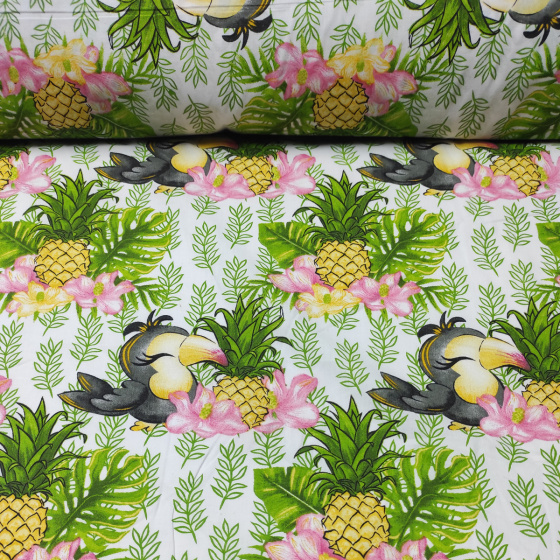 Dekorační dětská bavlněná látka vzor Papoušek a ananas na bílém