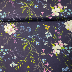 Tissu en coton au mètre, 125 g/m², largeur 160 cm, imprimé à fleurs sur fond bleu marine