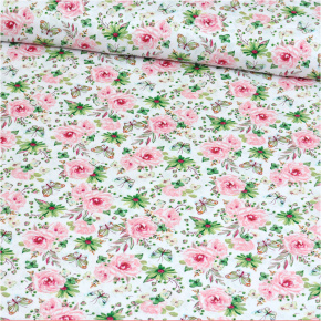 Tissu en coton au mètre, 125 g/m², largeur 160 cm, imprimé à fleurs petites rose sur fond blanc