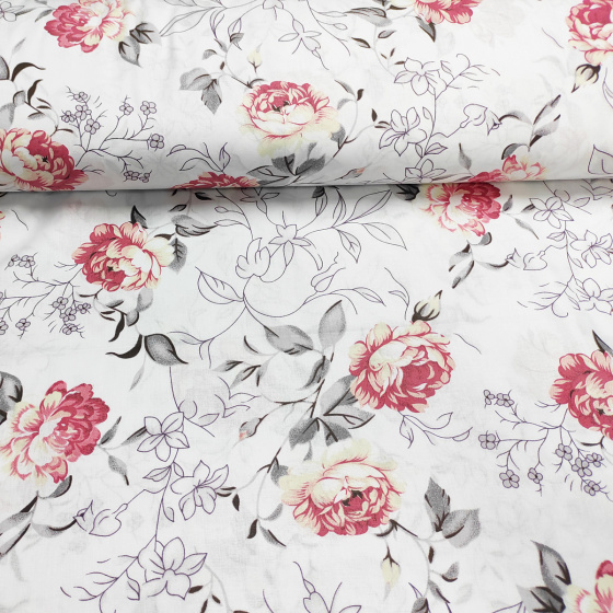 Tissu en coton au mètre, 125 g/m², largeur 160 cm, imprimé à fleurs sur fond blanc