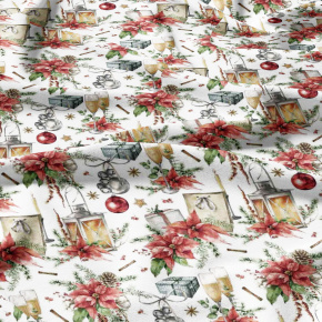 Tissus en coton de Noël au mètre, motif Lampe et Lunettes blanche, 160 cm Tissus en coton de Noël au mètre, motif Lampe et Lunettes blanche, 160 cm