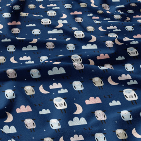 Tissu coton au métre imprimé Moutons et nuit couleur grenat