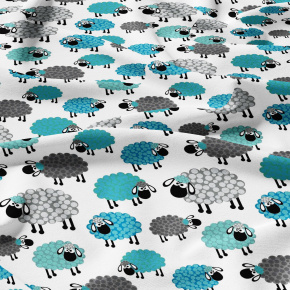 Tissu coton au métre imprimé Moutons couleur turquoise