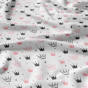 Tissu coton au mètre, 125 g/m², largeur 160 cm, imprimé Couronnes rose et blanche
