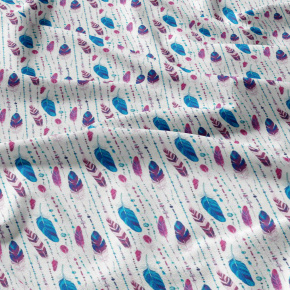 Tissu coton au métre couleur blanche plumes turquoise et amarante