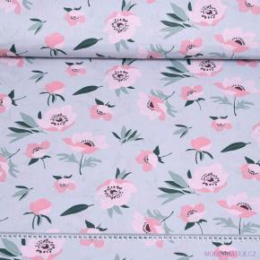 Tissu en coton au mètre, 125 g/m², largeur 160 cm, imprimé à fleurs sur fond graphite