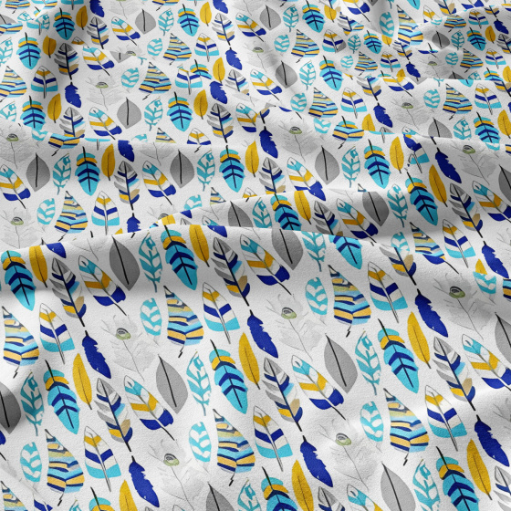 Tissu coton au métre couleur blanche plumes bleu 480