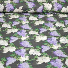 Tissu en coton au mètre, 125 g/m², largeur 160 cm, imprimé à lilas gris sur fond graphite