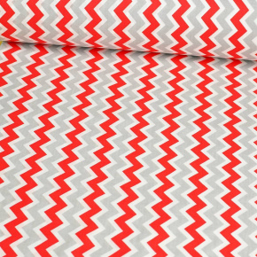 Tissu coton au métre couleur blanche zigzag gris et rouge