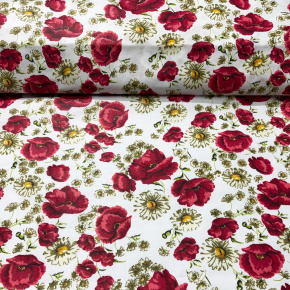 Tissu de coton de fleurs de pavot sur blanc