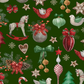 Tissus en coton de Noël au mètre, 160 cm motif Chevaux verte