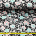 Tkanina bawełniana z wzorem różowych i niebieskich kwiatów na czarnym tle