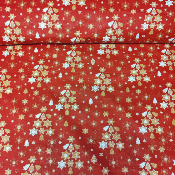 Vánoční bavlněná dekorační látka, metráž 160 cm, vzor Vánoční Hvězdy na červeném